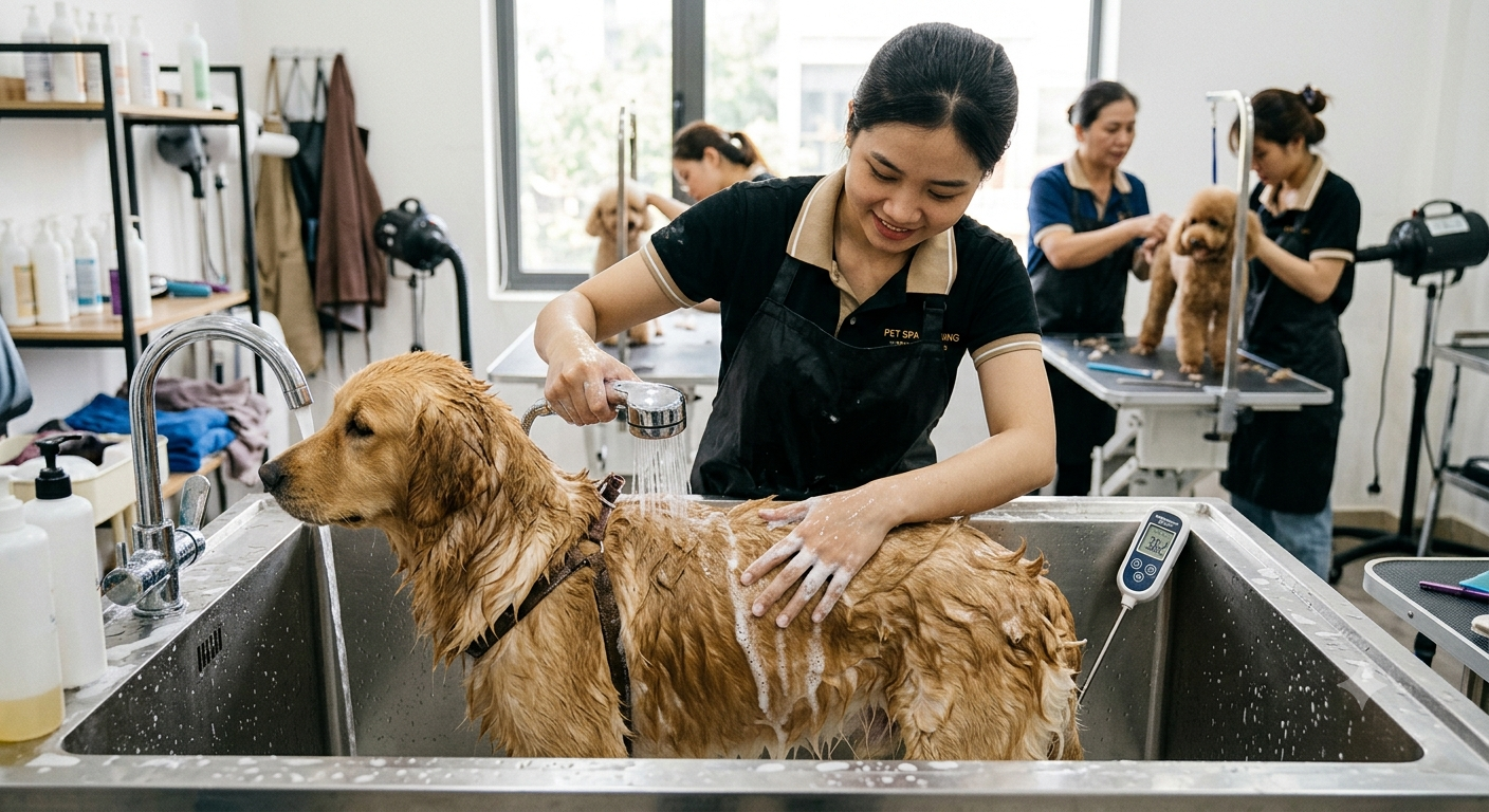 Quy trình tắm chó đúng cách kết hợp kiểm soát nhiệt độ nước chuẩn xác
