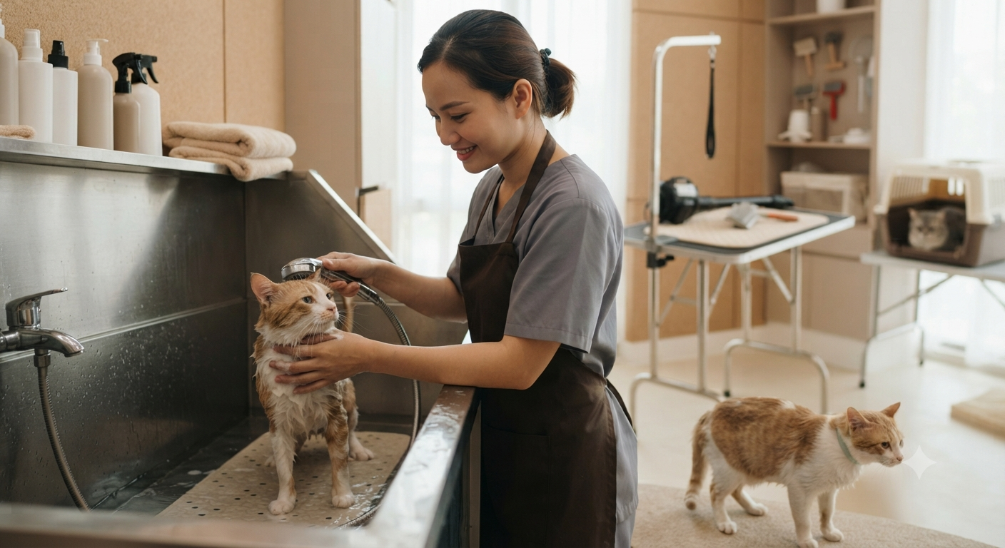 Phân tích từng yếu tố cốt lõi giúp giảm căng thẳng cho mèo khi tắm spa